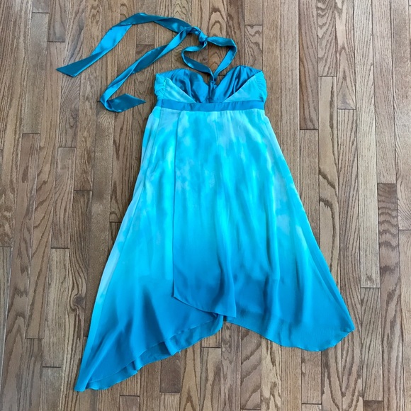 NWT Bebe 100% Silk women’s turquoise blue ombré Boho Asymmetric Midi Dress S - Picture 7 of 8